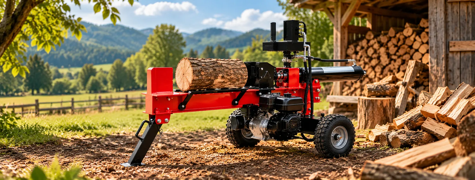 Hydraulic log splitter with a log in a rural wood processing area