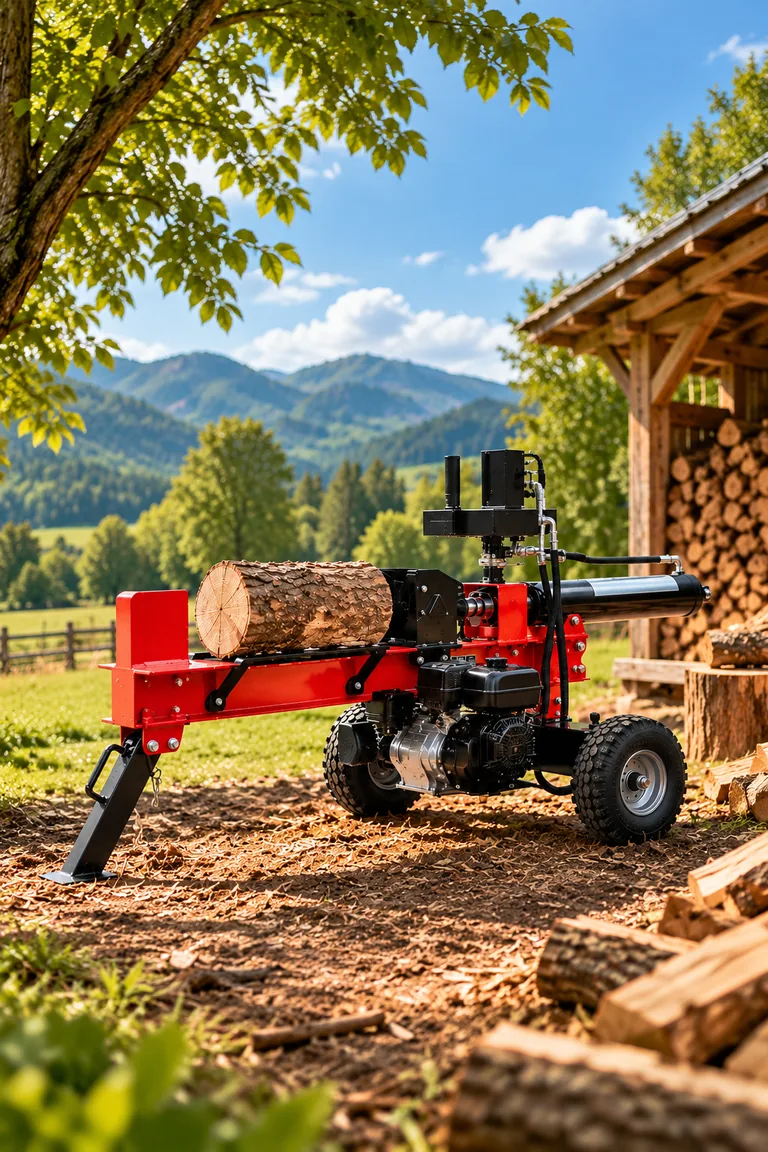 Hydraulic log splitter with a log in a rural wood processing area